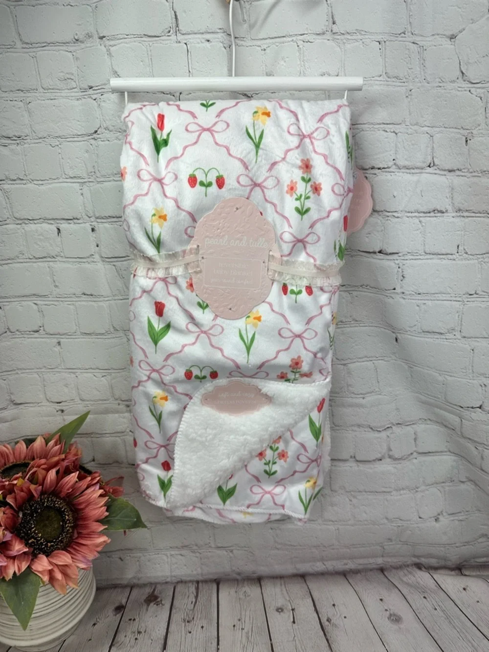 NWT pearl and tulle reversible Floral berry baby Blanket cottage boho coquette